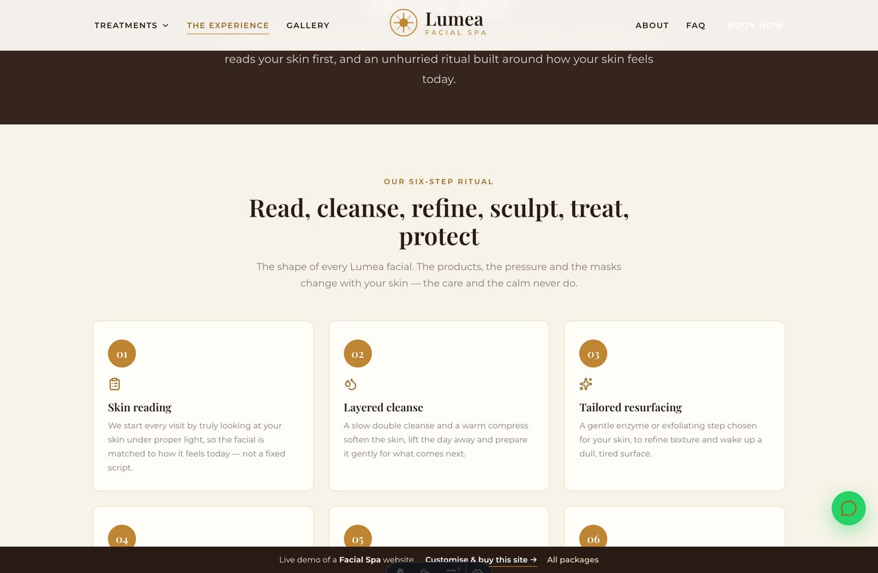 The Experience page on the Lumea demo — the unhurried six-step facial ritual explained step by step
