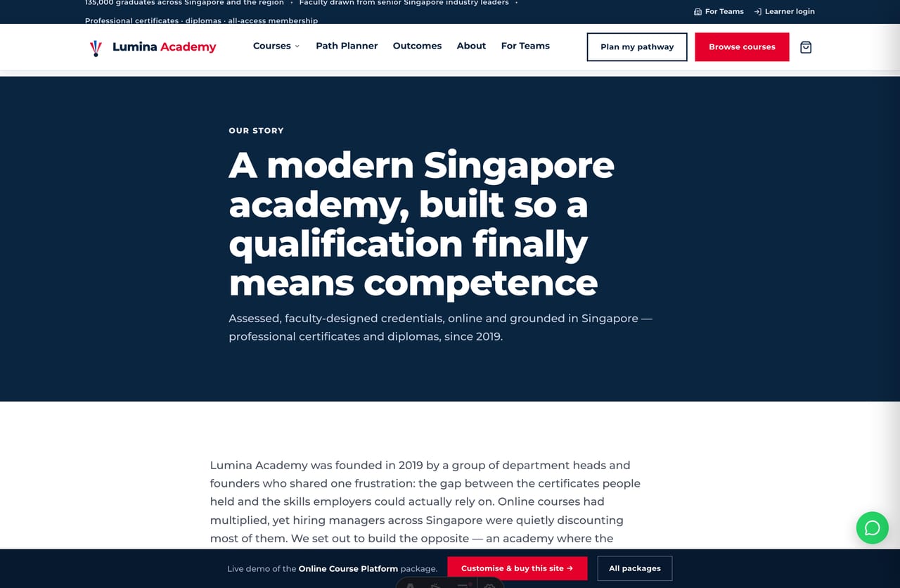 About and brand-story page for a Singapore online learning platform built in 2019