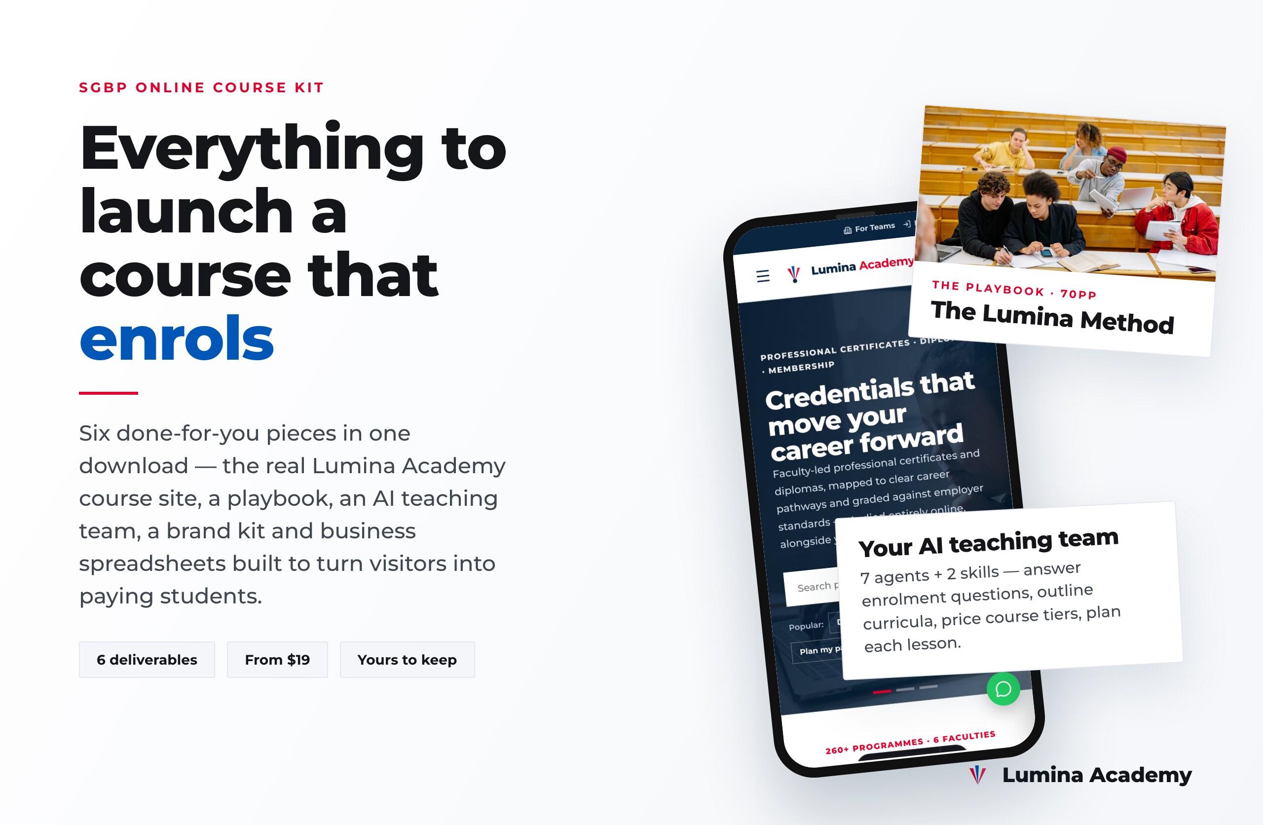 Everything in the Lumina Academy online course launch kit — book, academy website, AI agents, brand kit, templates and email course