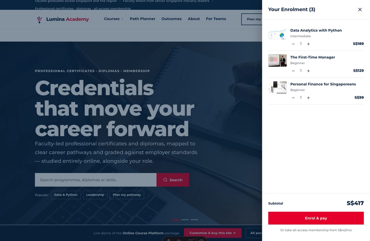 Slide-out enrolment drawer with a membership upsell on the Singapore course platform site