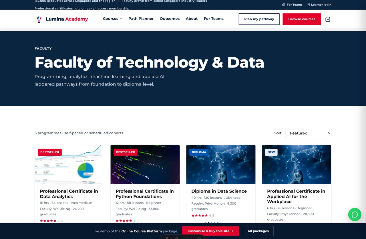 Tech & Data school page with sorting on the Singapore course platform demo