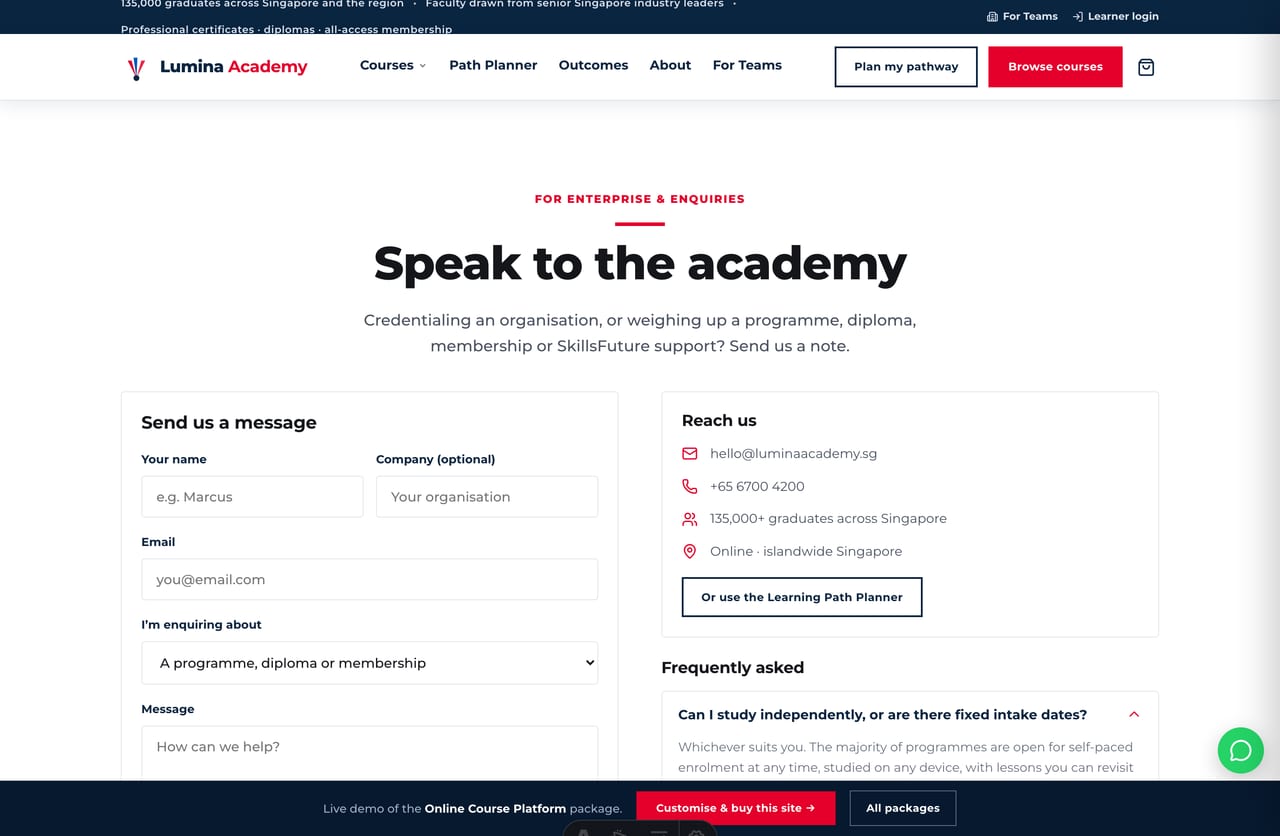 For-teams and enquiry page with company and topic fields on the course platform demo