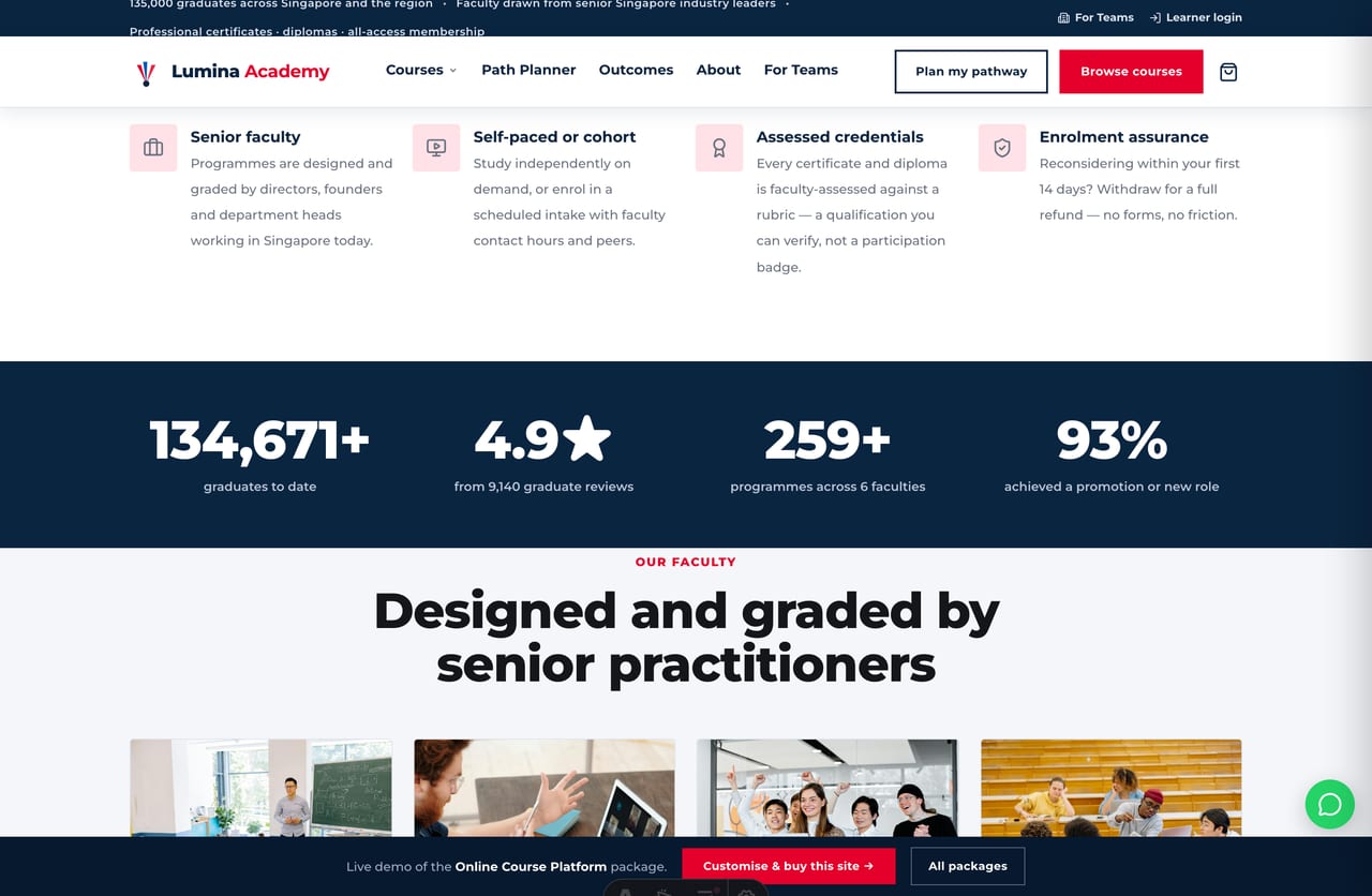 Taught-by-practitioners faculty block on a Singapore course platform homepage