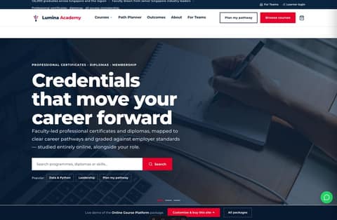 Lumina Academy online course platform website homepage demo — full-bleed photo hero, search bar and red enrol CTA (Singapore)