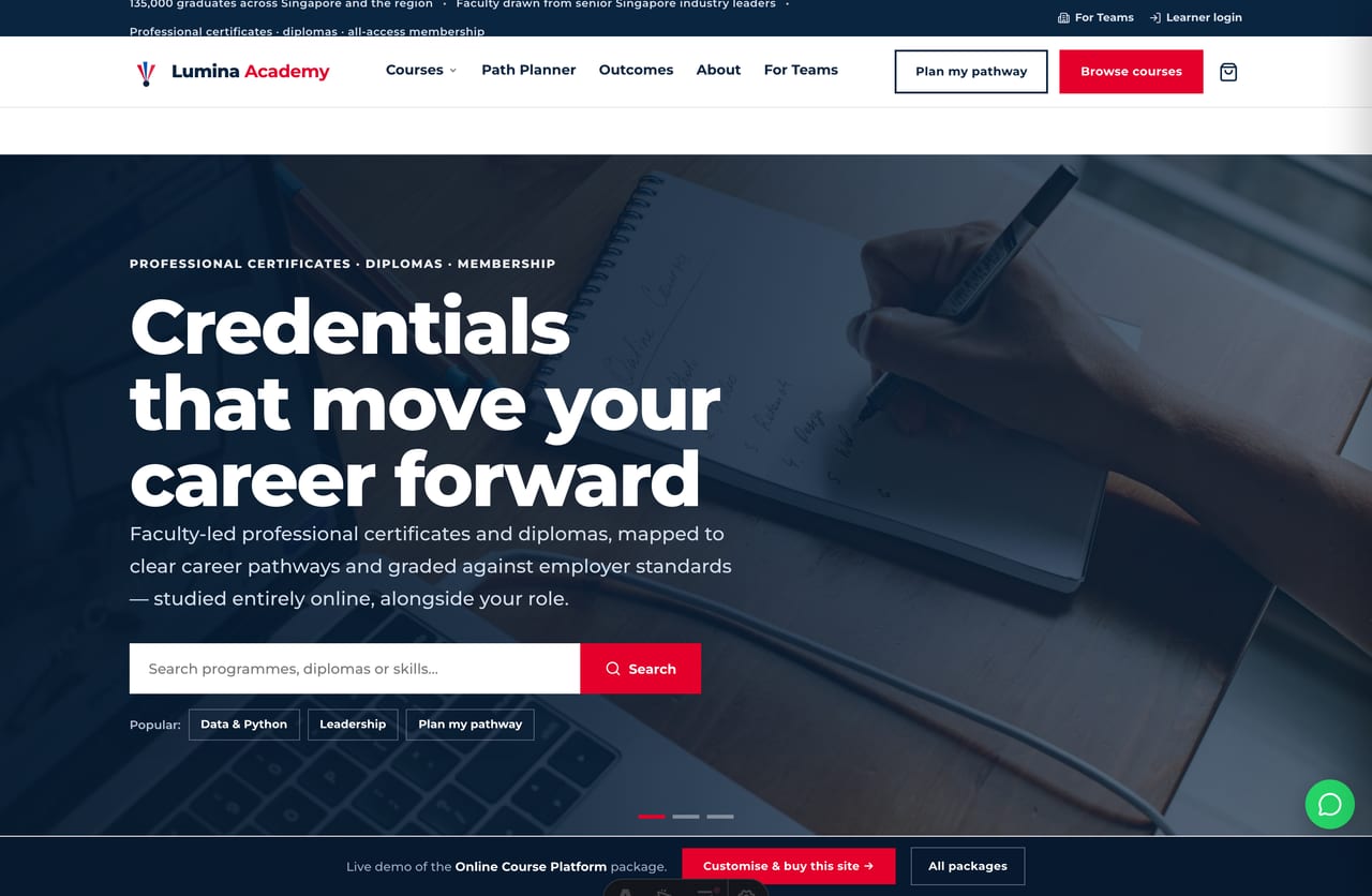 Lumina Academy online course platform website homepage demo — full-bleed photo hero, search bar and red enrol CTA (Singapore)