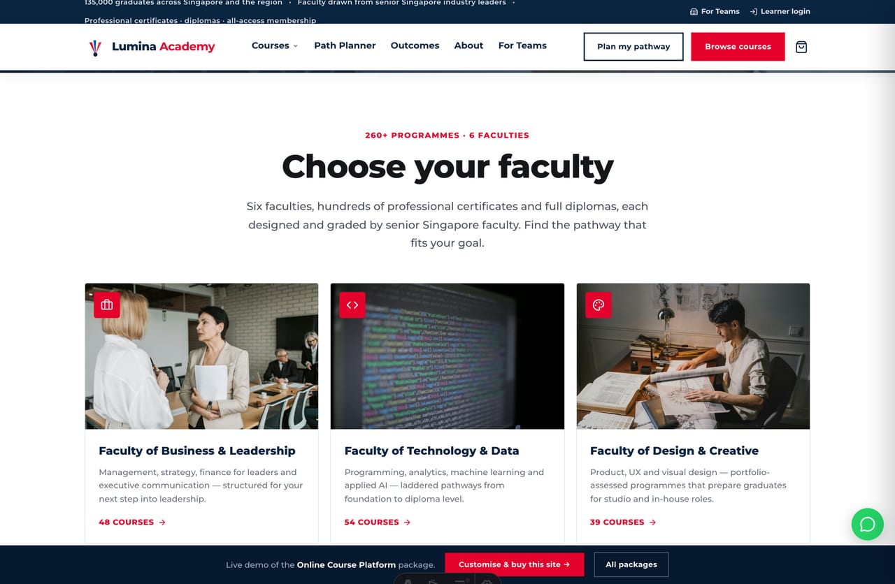 Choose-your-pathway cards for a Singapore online course platform — business, tech, design, marketing, finance and wellness