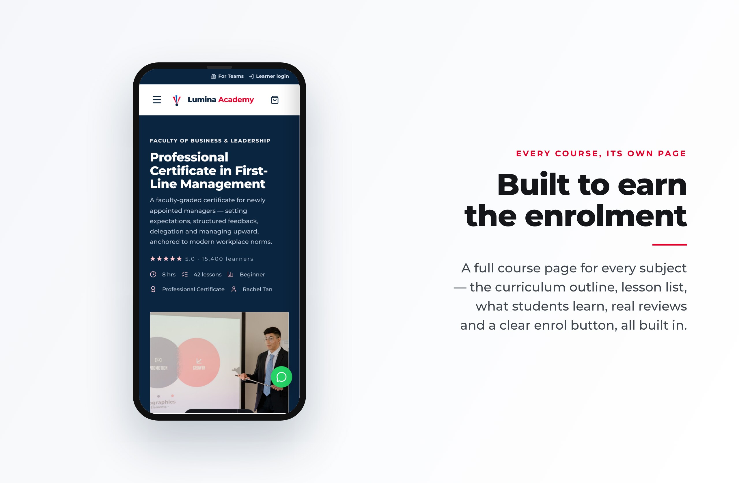 A course and curriculum page from the included academy website shown on a phone