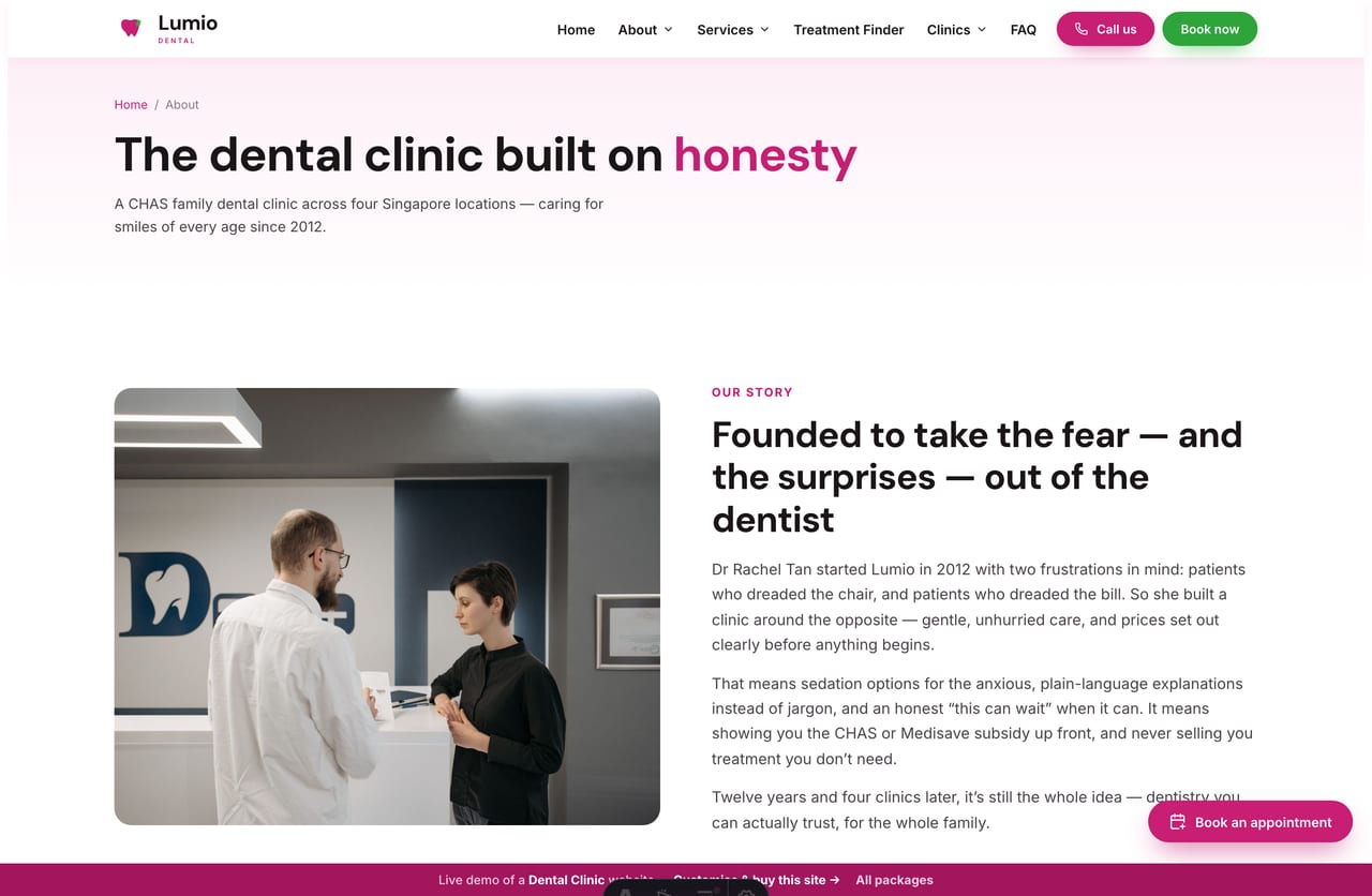 The About page for a Singapore dental clinic — founder story, stats band and accreditations