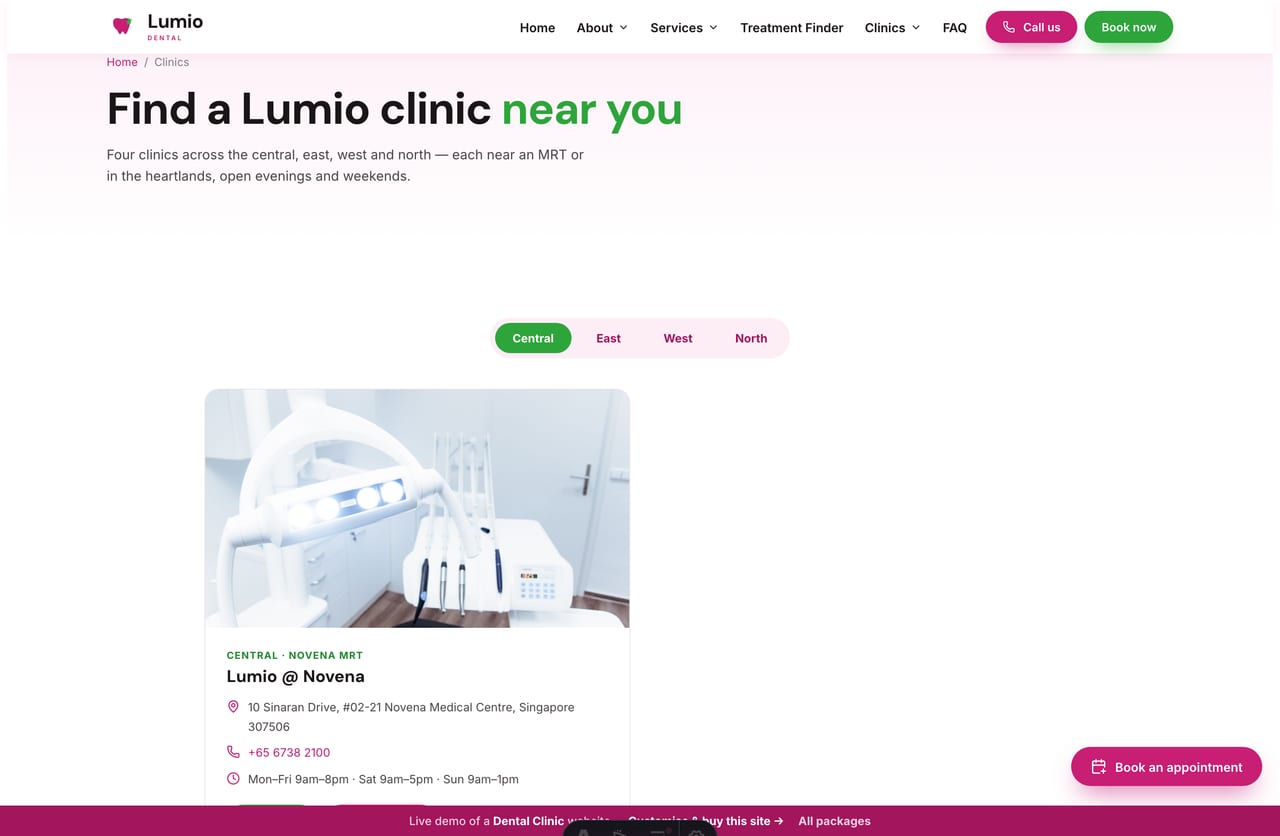 Clinics page on the Lumio demo — clinic locations filtered by region tabs, with photos, hours and directions