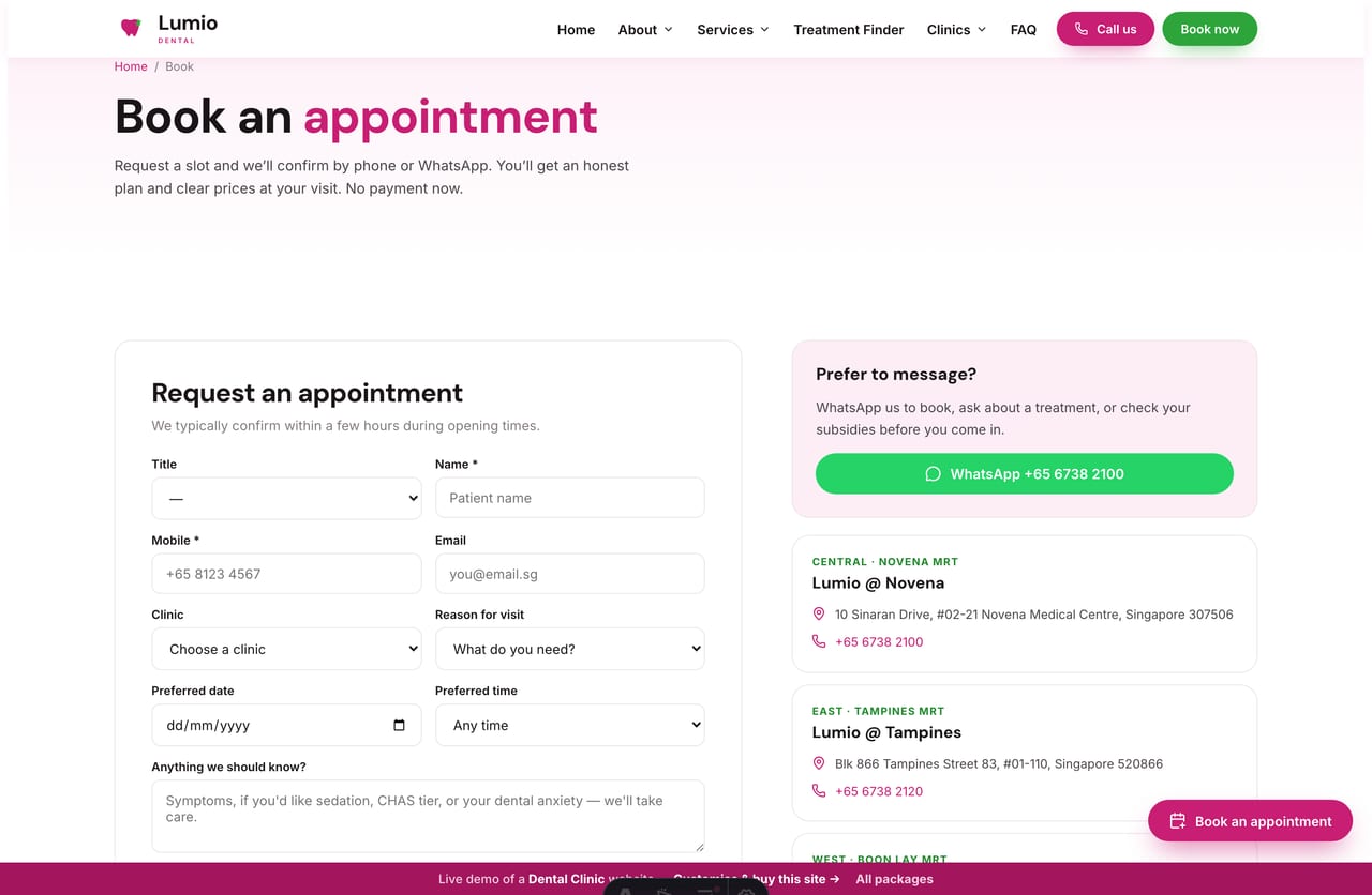Book-an-appointment page on the Lumio demo — a PDPA-aware booking form with clinic, reason and time