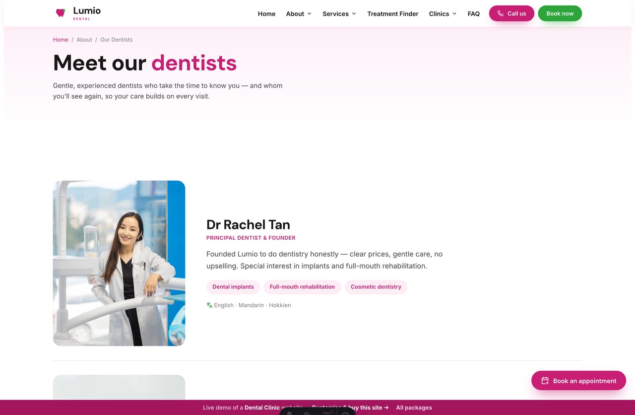 The dentists page on the Lumio demo — dentist profiles with photos, special interests and languages