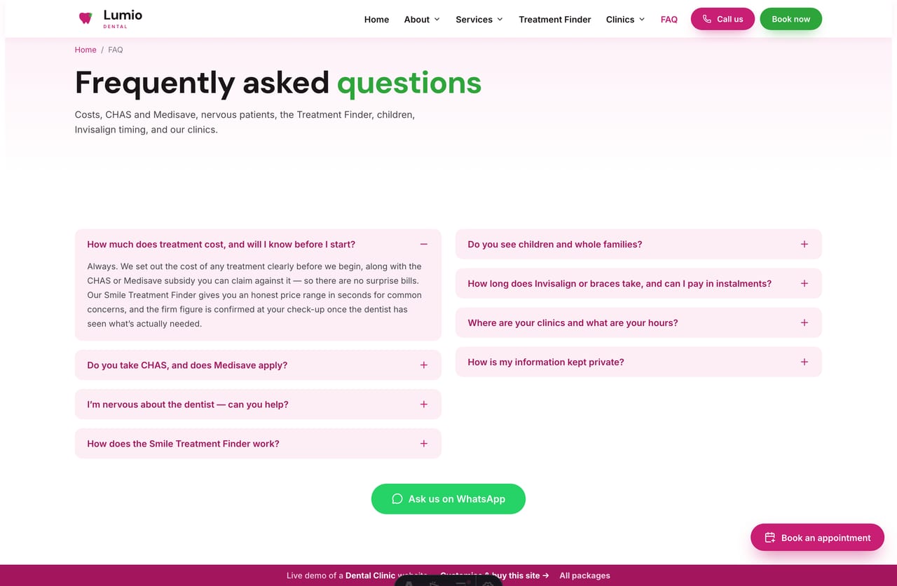 FAQ page on the Lumio demo — a two-column pink-tint question-pill accordion