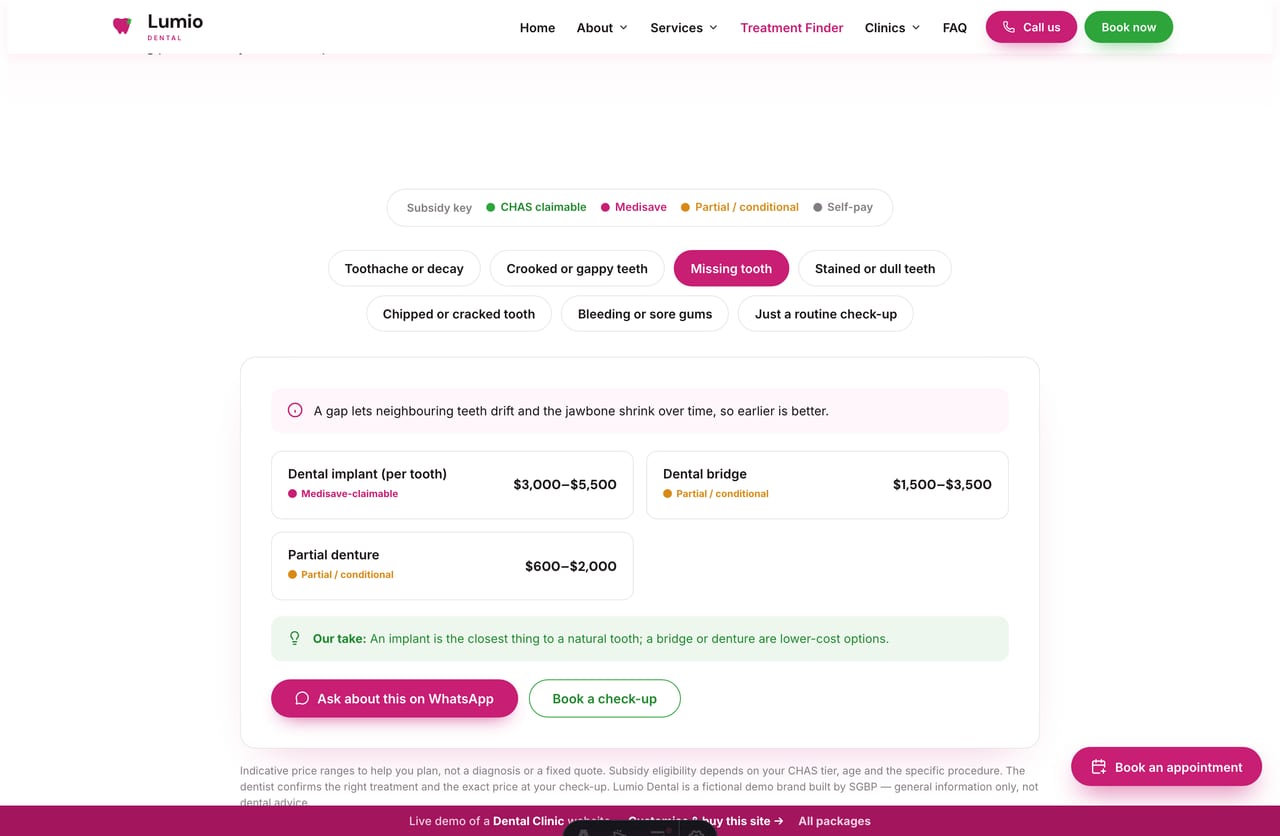 Smile Treatment Finder result on a Singapore dental site — treatments with indicative prices and subsidy badges, with a book CTA