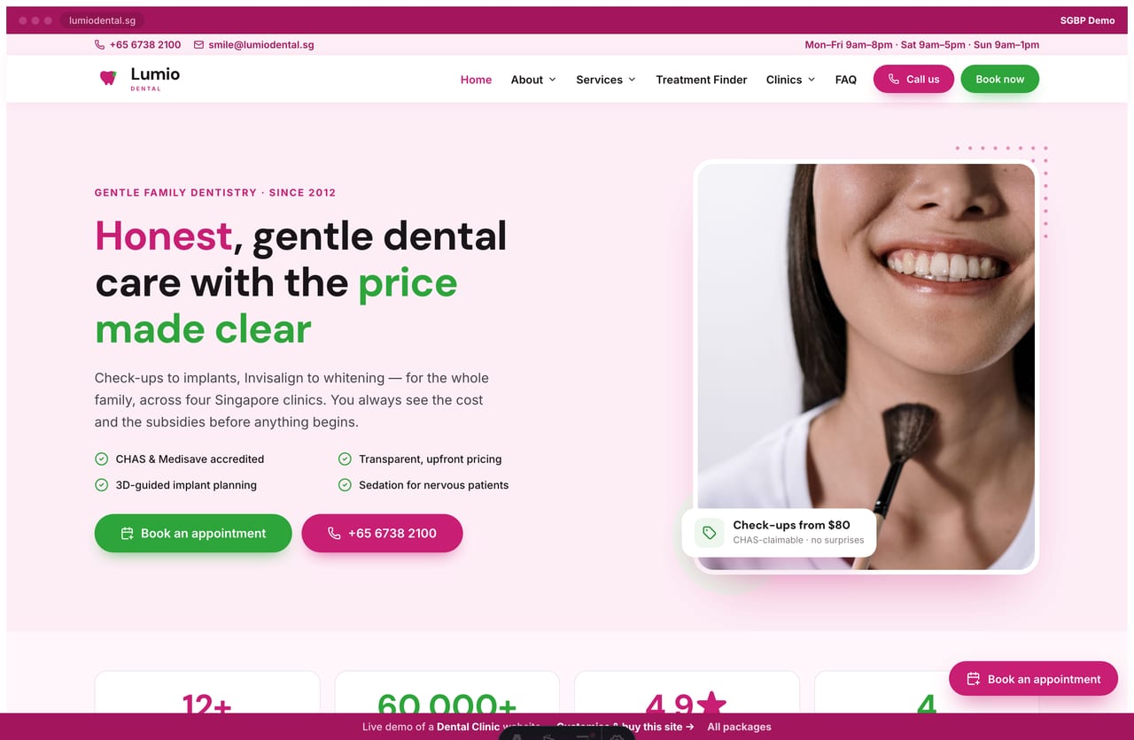 Lumio dental clinic Singapore website homepage demo — a magenta and green site with a split hero, tinted service cards and a treatment finder