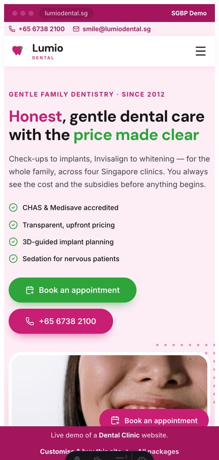 The Lumio dental website on mobile — the split hero and book CTA at 430px