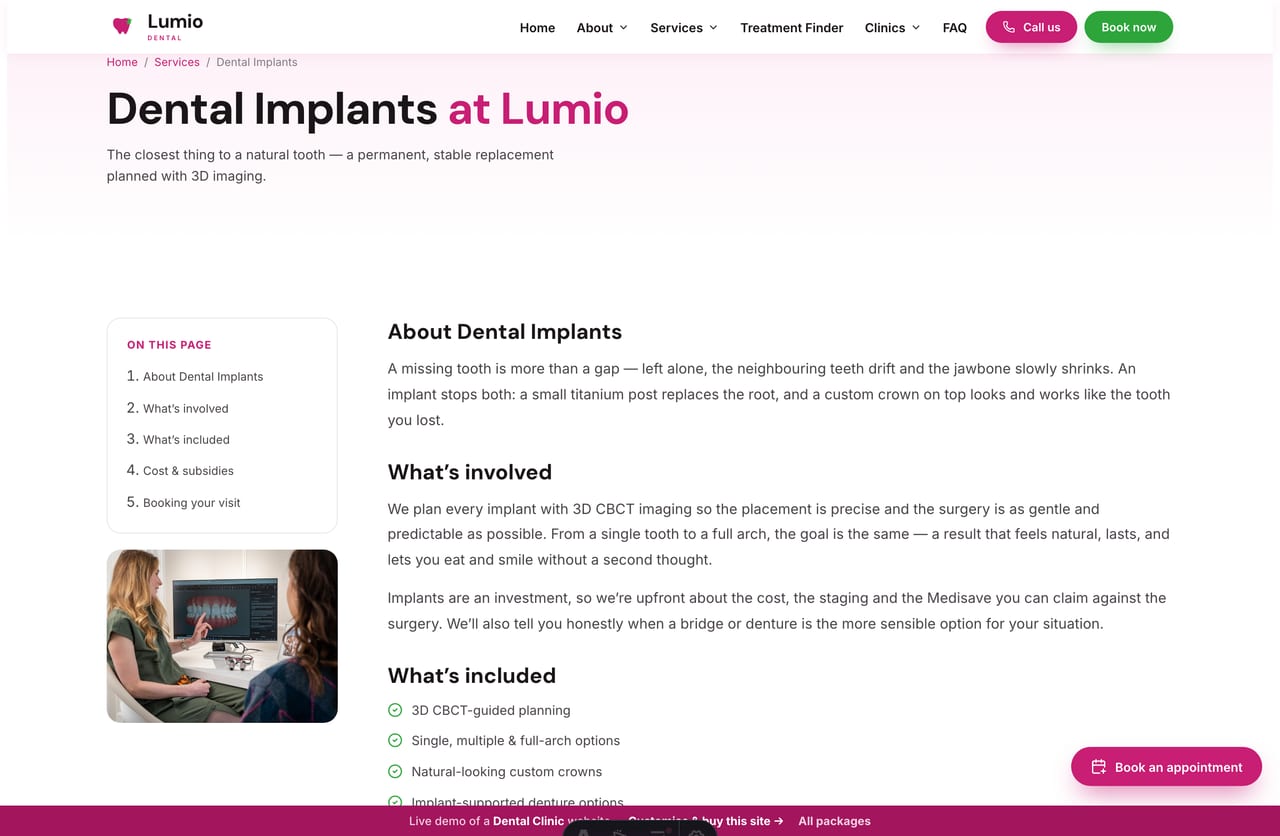 A service detail page on the Lumio demo — a pink-tint banner and a Table-of-Contents sidebar article