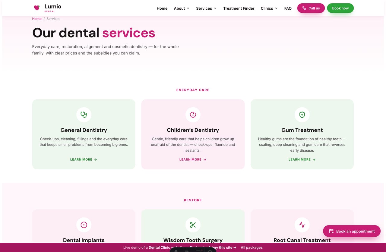 Services page on the Lumio demo — general dentistry, implants, Invisalign, whitening, wisdom tooth and more as tinted cards