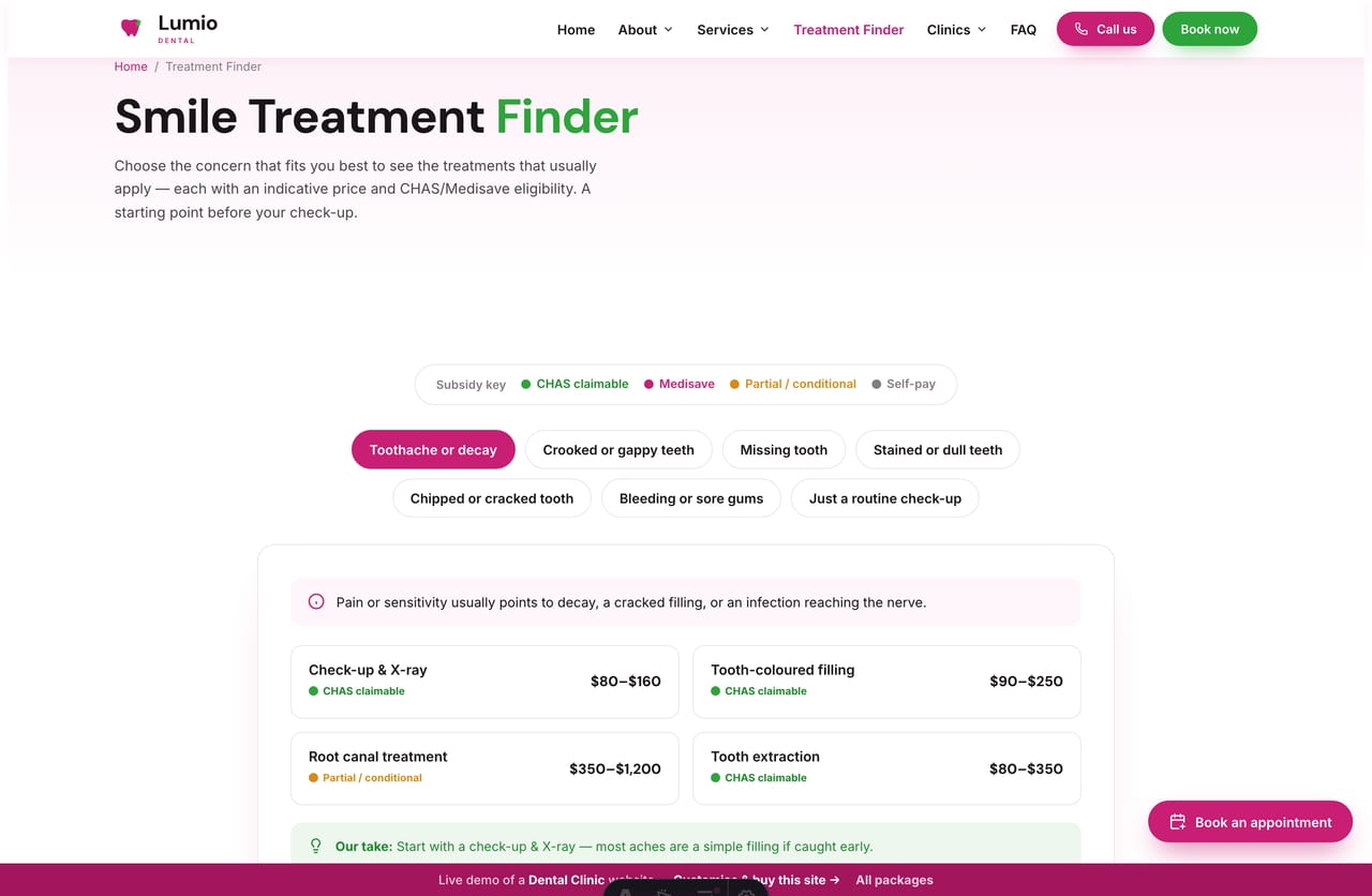 The interactive Smile Treatment Finder on the Lumio demo — pick a dental concern to see treatments, prices and CHAS/Medisave eligibility