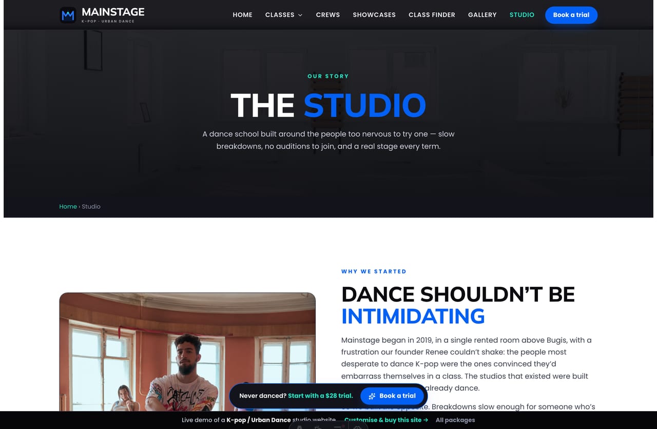 The About page for a Singapore dance studio — founder story, the instructors and why-us reasons
