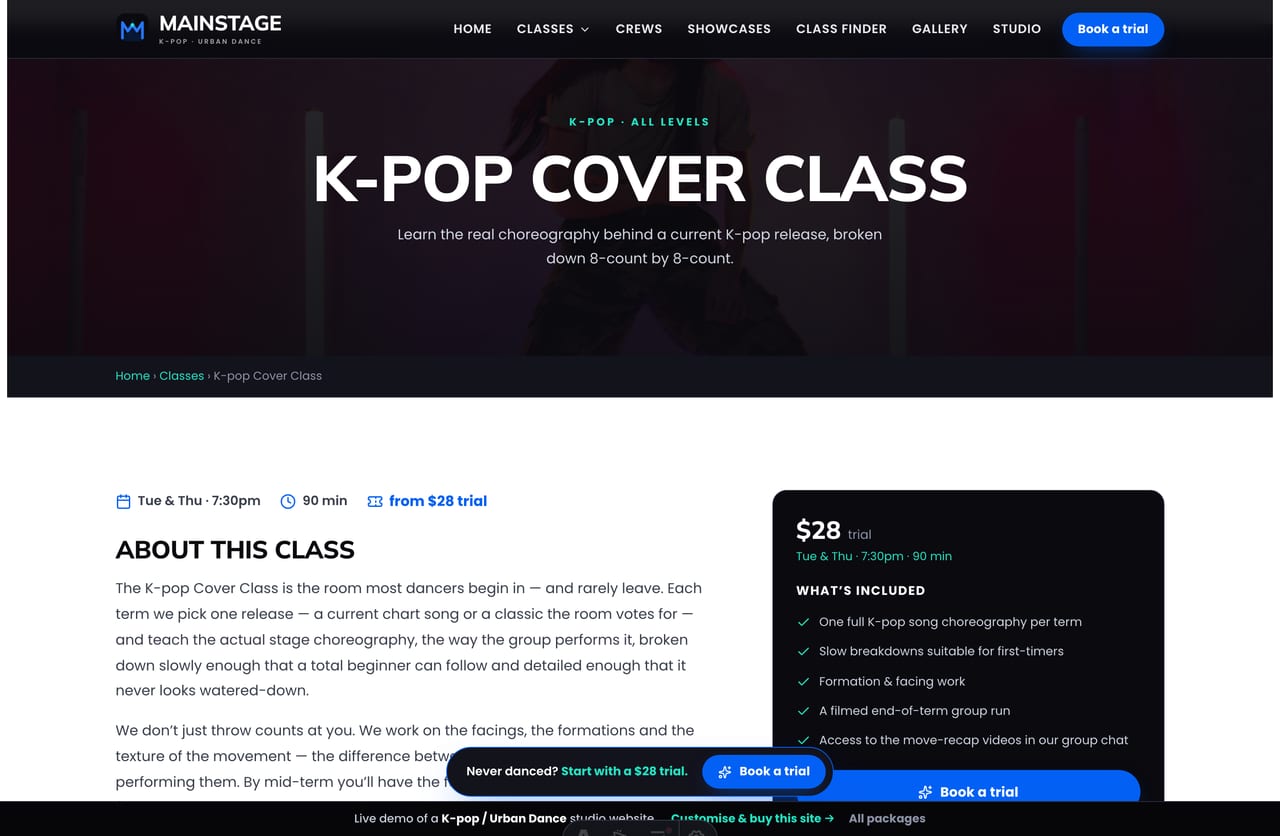A dance class detail page on the Mainstage demo — dark photo banner, day/time, from-price, what to expect, what’s included and a book-a-trial CTA