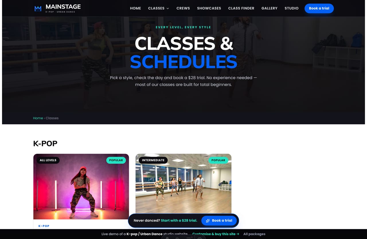 Classes menu page on the Mainstage demo — K-pop covers, urban choreography, hip-hop, heels and crew prep grouped by style with levels and from-prices