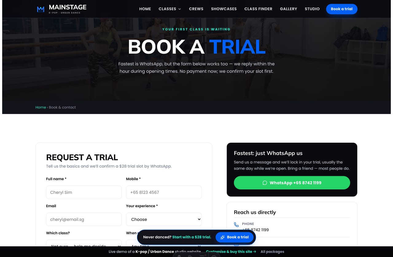 Book-a-trial & contact page on the Mainstage demo — a PDPA-aware trial-request form with class, level and schedule selection, no cart