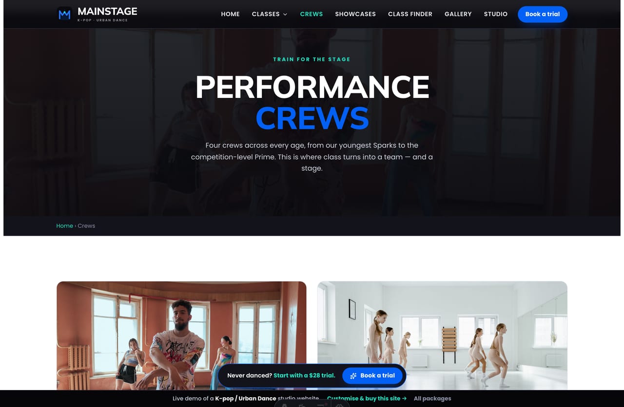 Crews page on the Mainstage demo — Prime, Neo, Bloom and Sparks performance crews with an audition pathway