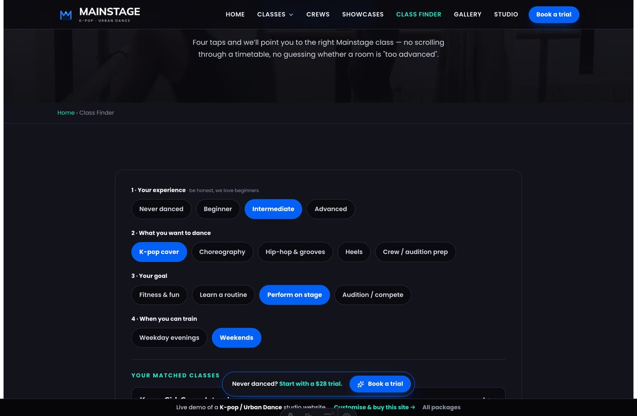 Class Match Finder result on a Singapore dance site — live-matched classes with level, day/time and from-price plus a book-a-trial CTA