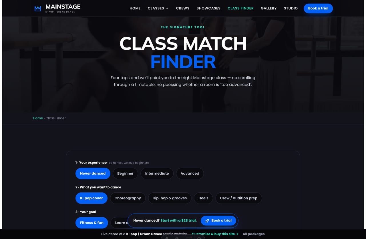 The interactive Class Match Finder on the Mainstage demo — pick your level, style, goal and schedule for a live class match
