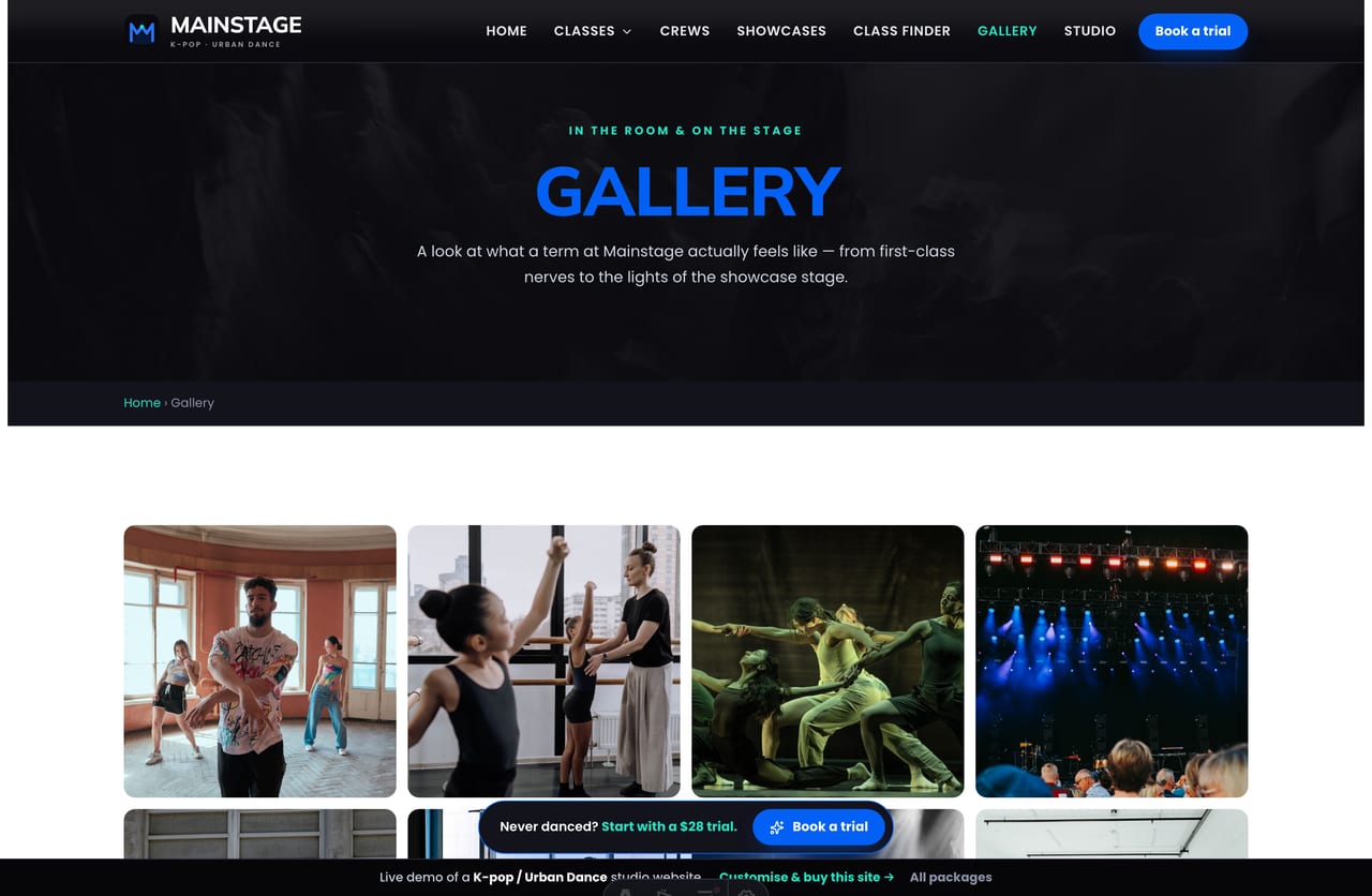 Gallery page on the Mainstage demo — class moments and showcase performances in a dark, energetic grid