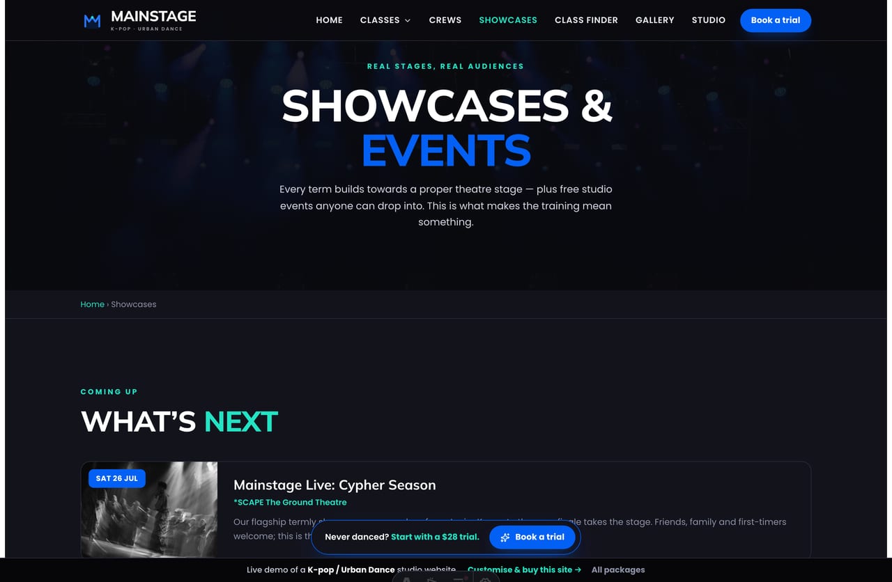 Showcases page on the Mainstage demo — upcoming termly performances at a Singapore theatre plus free studio events