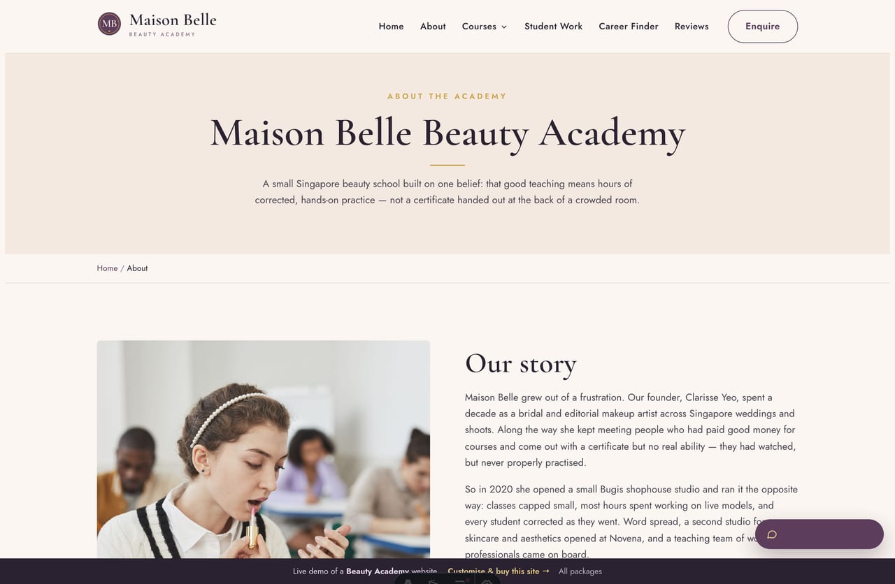 The About page for a Singapore beauty academy — founder story, a stats band and teaching approach