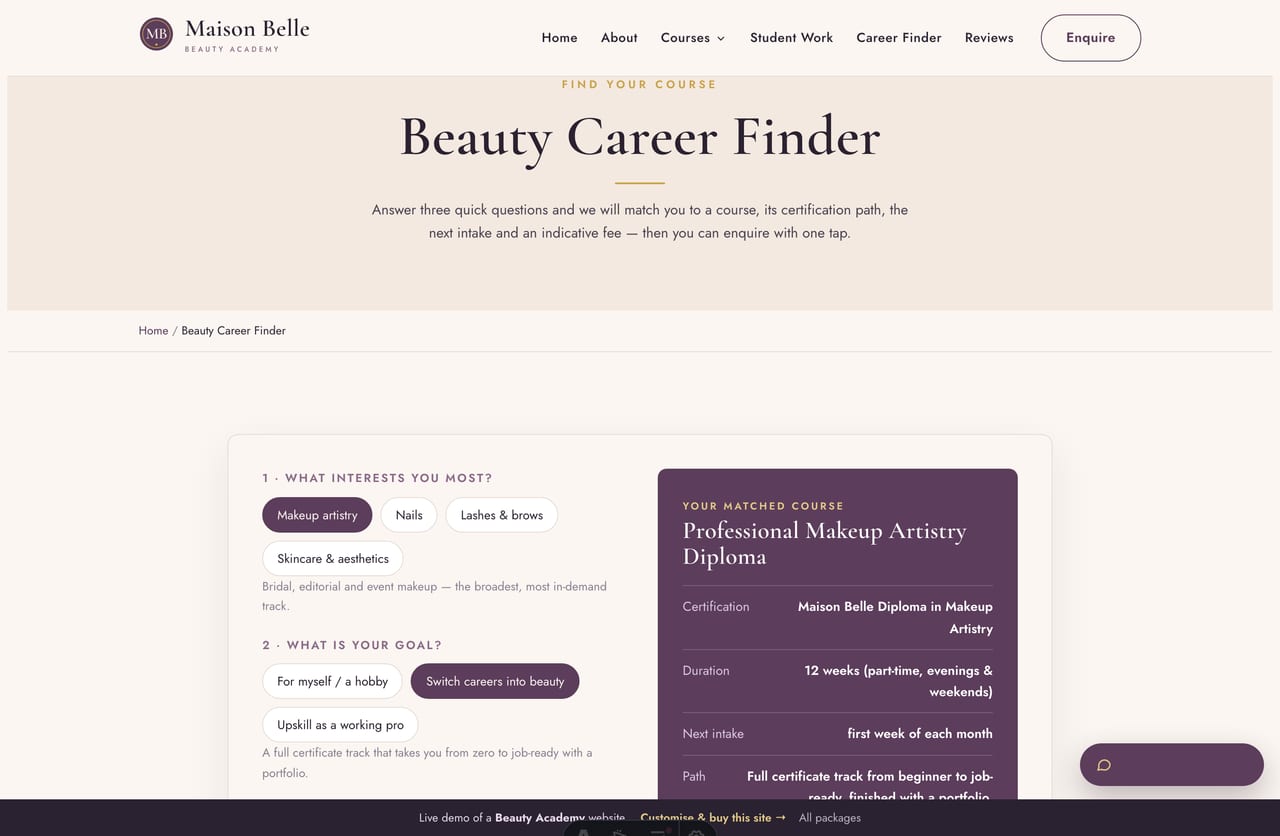 The interactive Beauty Career Finder on the Maison Belle demo — pick your interest, goal and experience to see a matched course, certification and fee