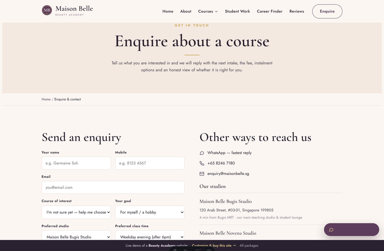 Enquire page on the Maison Belle demo — a PDPA-aware course-enquiry form with course, goal, studio and class-time