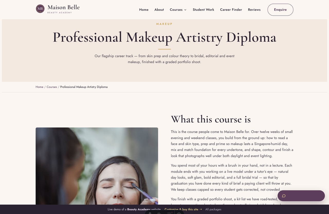 A course detail page on the Maison Belle demo — alternating image and copy bands with a course-fee block and what-you-will-learn list