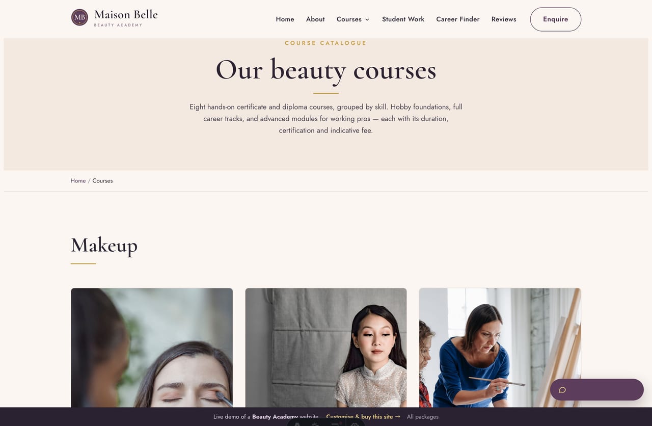 Courses page on the Maison Belle demo — makeup, nails, lashes & brows and skincare courses as image-top cards grouped by skill