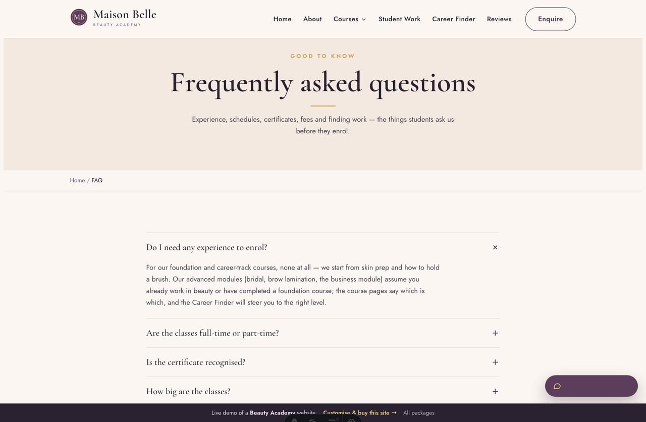 FAQ page on the Maison Belle demo — a serif accordion of common questions about courses and intakes