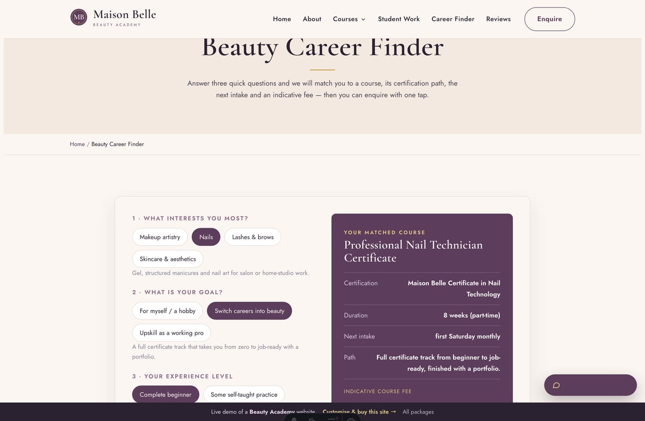 Beauty Career Finder result on a Singapore beauty-academy site — a matched course with certification path, next intake and indicative fee, with an enquire CTA