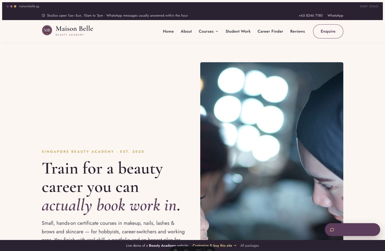 Maison Belle beauty academy Singapore website homepage demo — a plum, cream and gold editorial site with a split hero, image-top course cards and a Beauty Career Finder