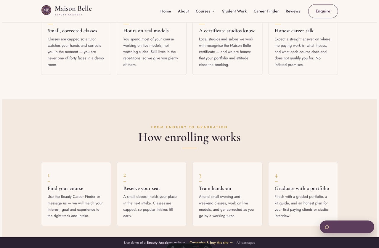 The tutors section on the Maison Belle demo — instructor profiles with photos, roles and bios