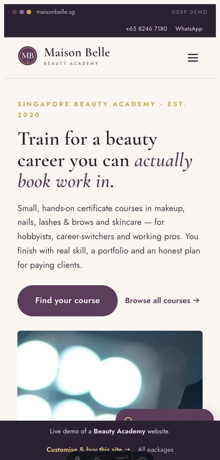 The Maison Belle beauty academy website on mobile — the editorial hero and Find your course CTA at 430px