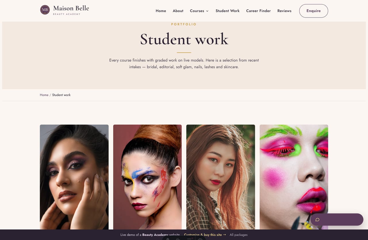 The student-work portfolio page on the Maison Belle demo — a gallery of graded student looks across makeup, nails, lashes and skincare
