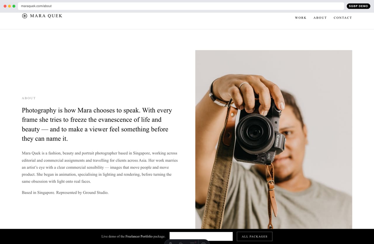 About / artist statement page on the Mara Quek photographer portfolio