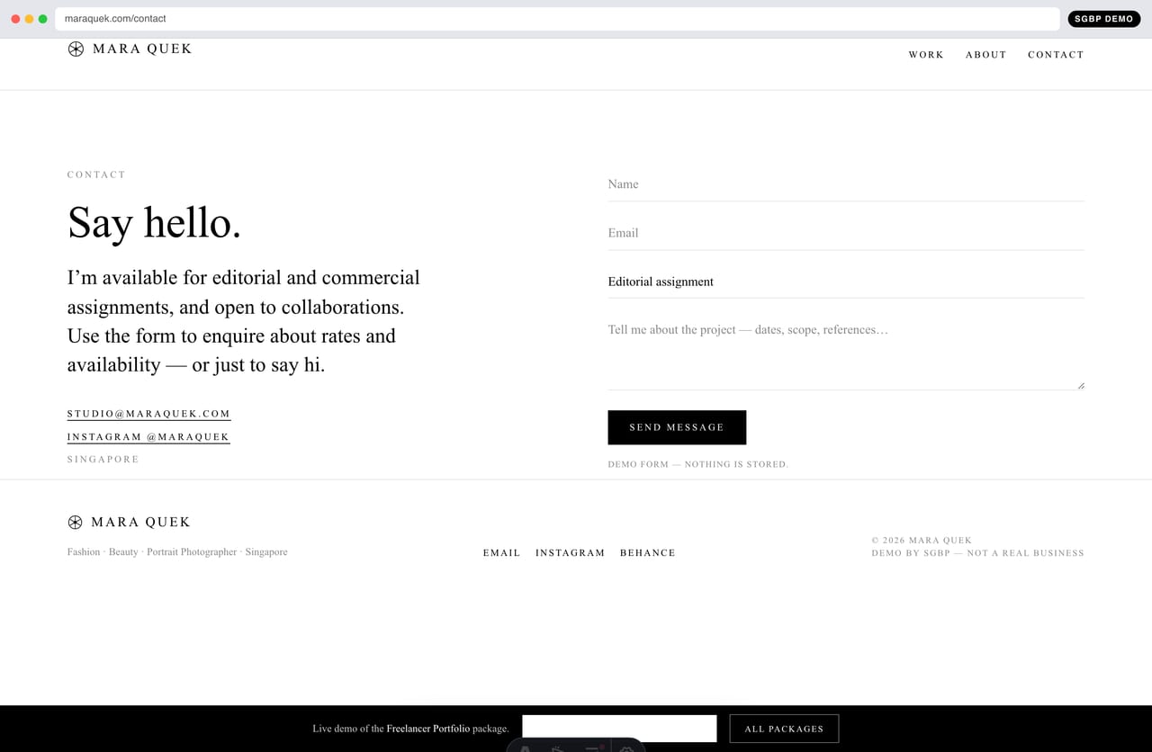Booking enquiry form with deposit via PayNow on a photographer portfolio site