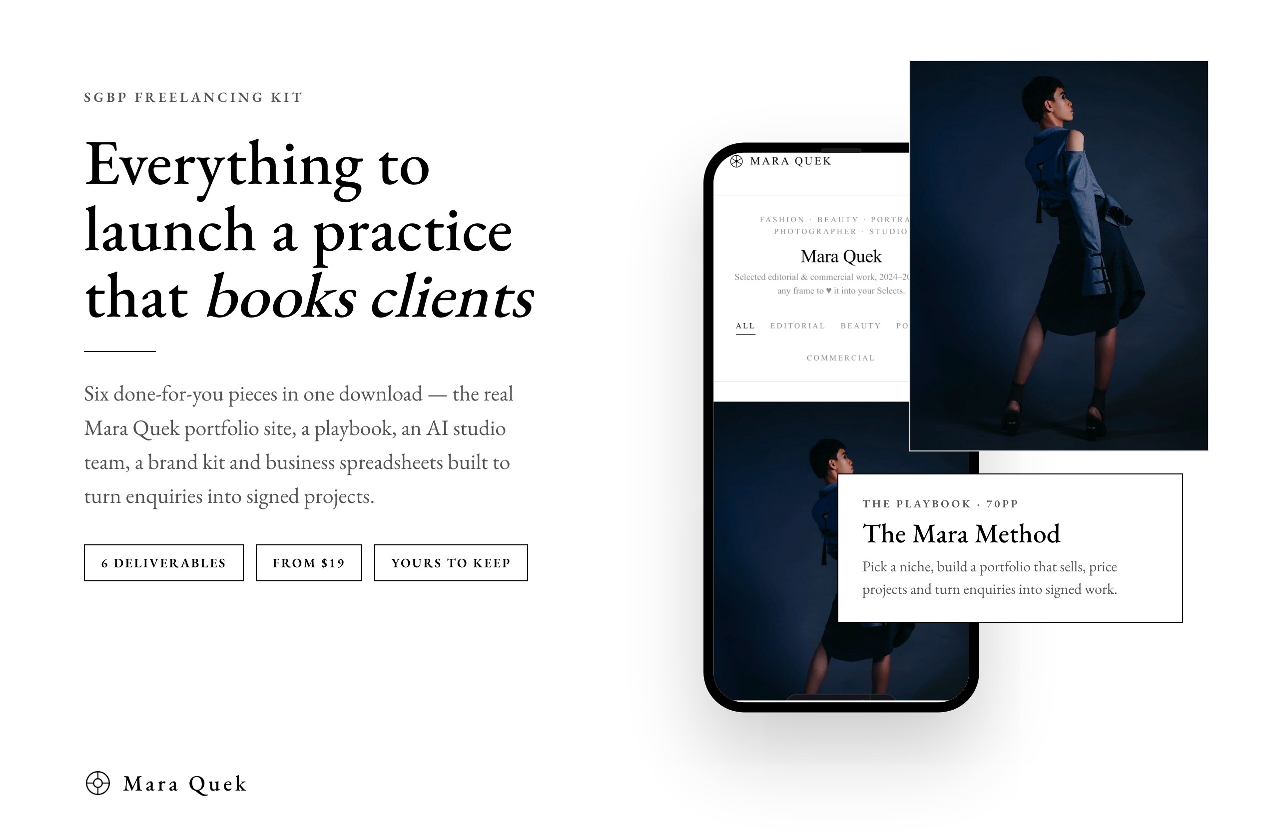 Everything in the Mara Method freelancing launch kit — book, portfolio website, AI agents, brand kit, templates and email course