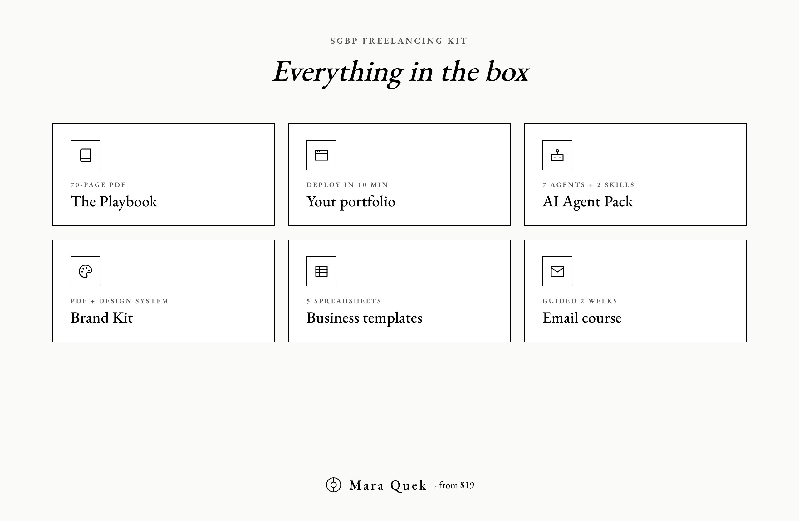 All six deliverables in the Mara Method freelancing launch kit