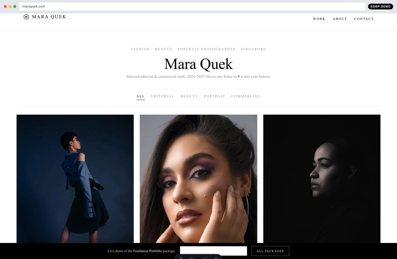 Mara Quek photographer portfolio homepage demo — image-first work reel and filterable grid (Singapore)