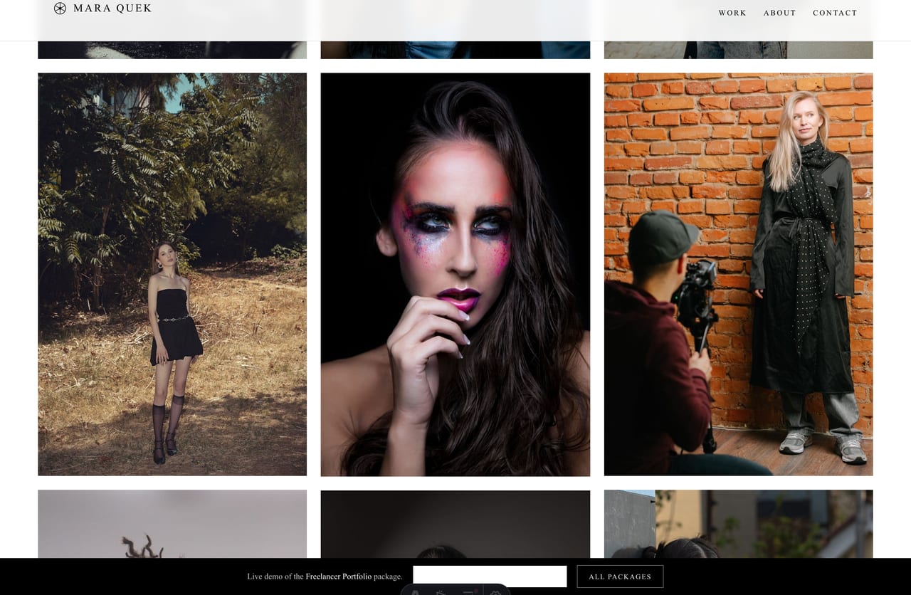Mobile view of the Mara Quek photographer portfolio with full-bleed galleries