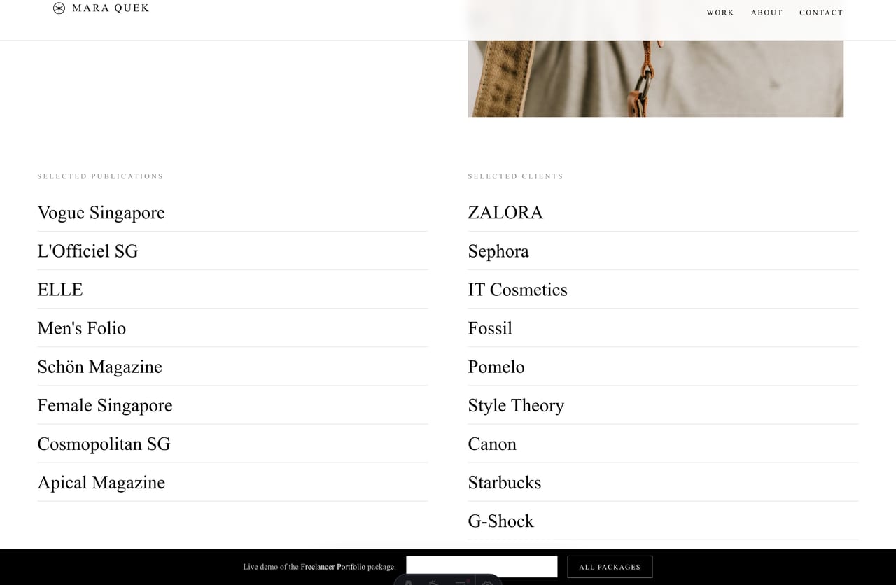 Publication and press logo strip on a fashion photographer portfolio in Singapore