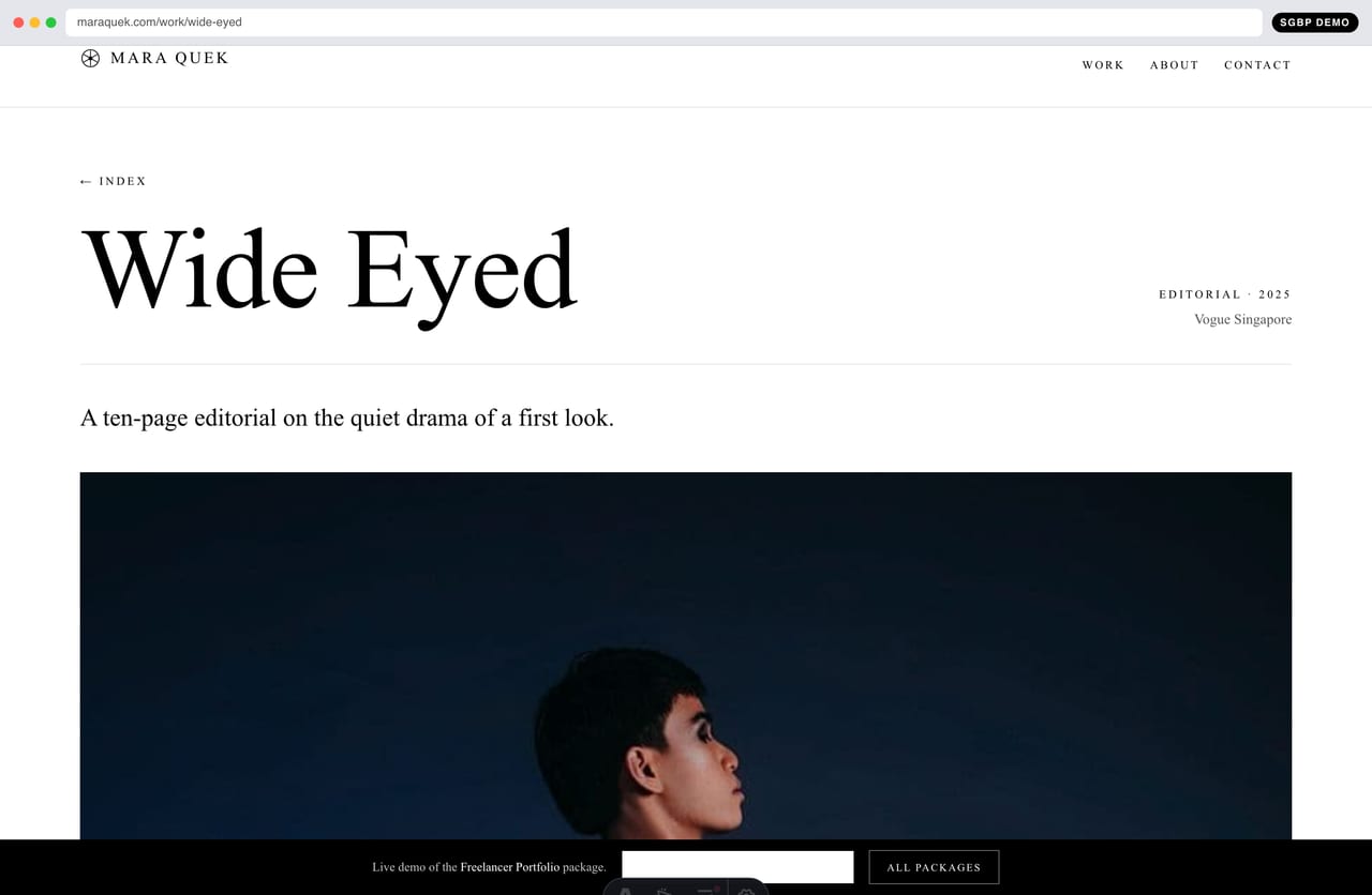 Single project case-study page with full-bleed image sequence on a photographer portfolio